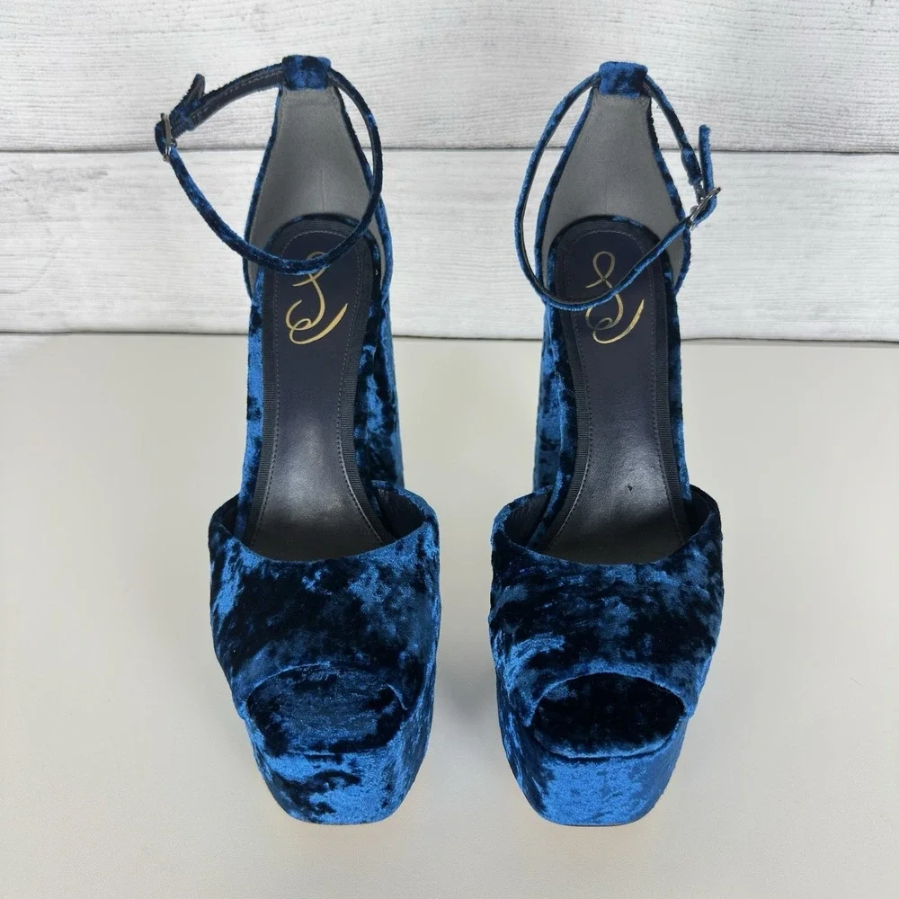 Sam Edelman Kori Platform Heels‎ Blue Velvet Ankle Strap Open Toe Size 7 Bratz